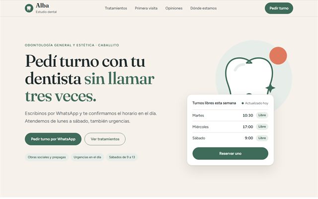 Sample site for a dental office: a light page with a headline about booking an appointment and a card with open slots.